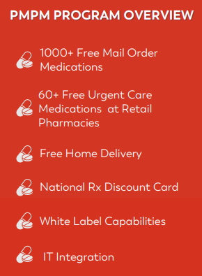 PMPM PROGRAM OVERVIEW. 1000+ Free Mail Order Medications. 60+ Free Urgent Care Medications at Retail Pharmacies. Free Home Delivery. National Rx Discount Card. White Label Capabilities. IT Integration.